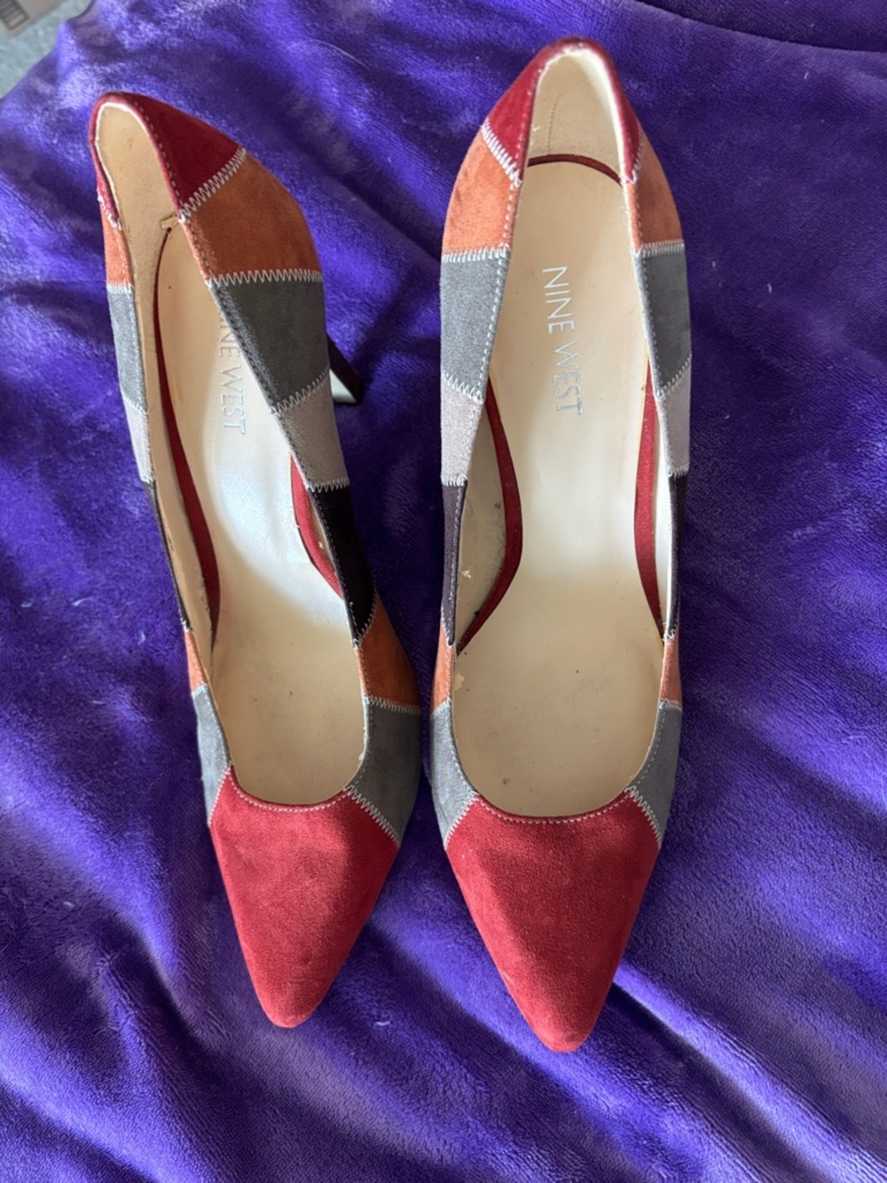 Nine West Red and Multicolor Patchwork Suede Pointed Pumps